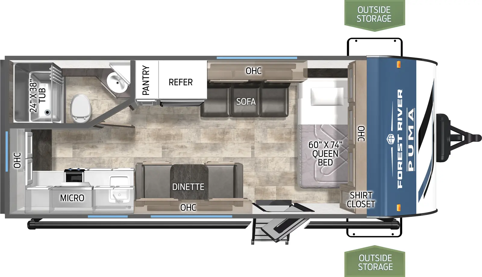 The Puma Ultra Lite 18RKX floorplan has one entry and zero slide outs. Exterior features include: metal exterior and 14' awning. Interiors features include: front bedroom.